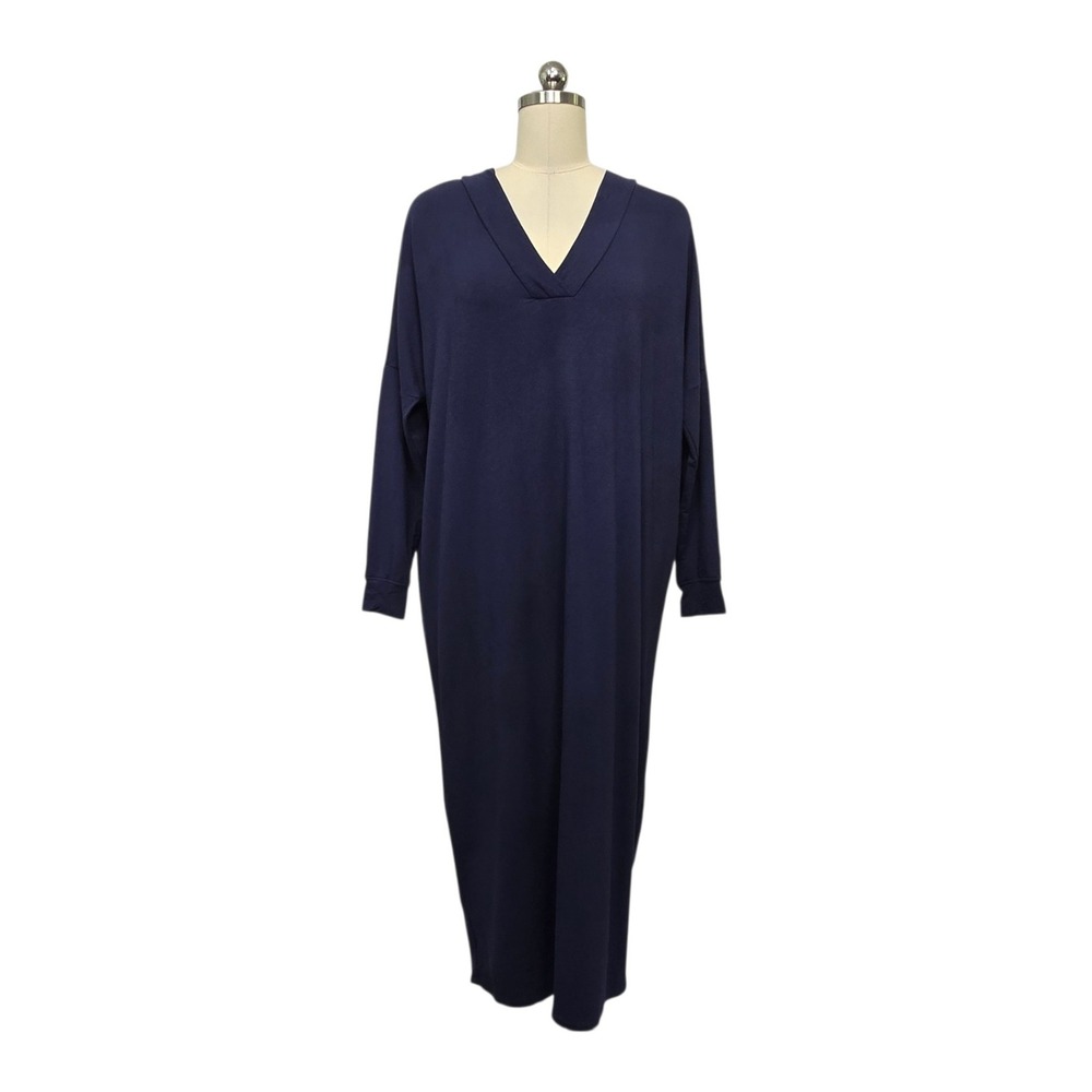 Quince Navy Blue Tencel Modal V-Neck Caftan‎ Dress Womens XS Long Sleeve Midi